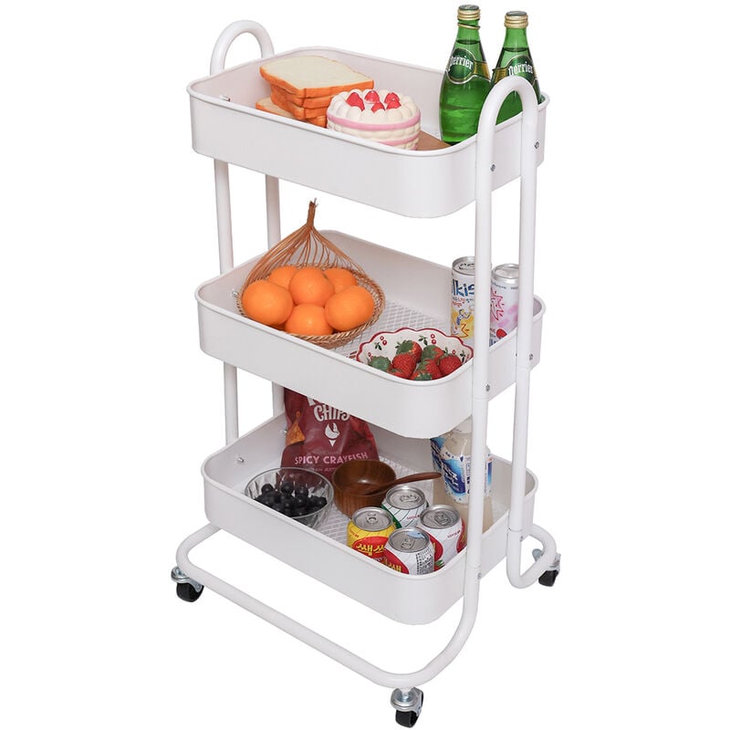 foto del prodotto carrello da cucina 3 ripiani con ruote e 3 cesti portaoggetti46x40x84cm bianco