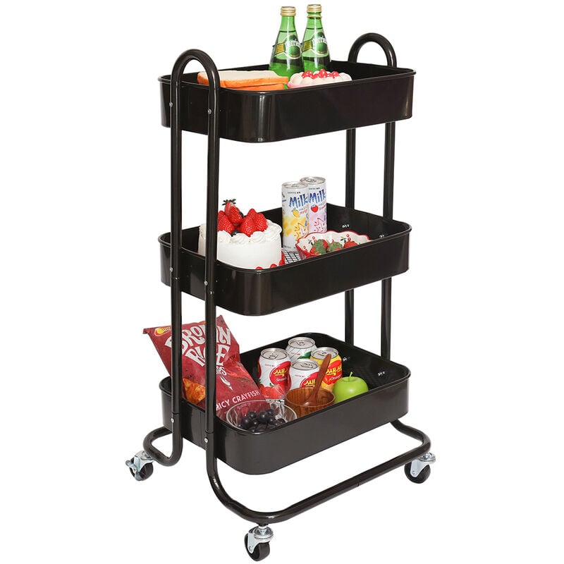 foto del prodotto carrello da cucina 3 ripiani con ruote e 3 cesti portaoggetti46x40x84cm nero