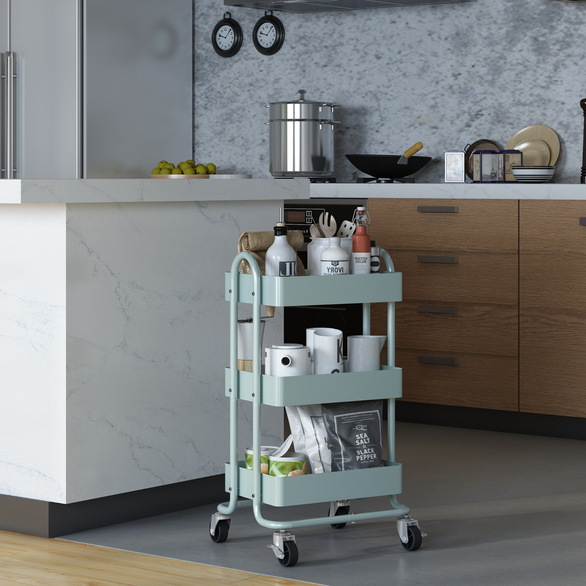 foto del prodotto carrello da cucina 39 pyh nt 39 in acciaio con 3 contenitori menta verde en.casa 