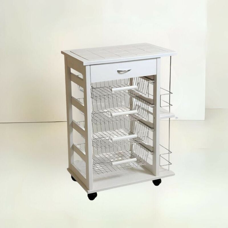 foto del prodotto carrello da cucina 4 cestini estraibili con ripiani porta bottiglie ed un cassetto vesuvio colore bianco