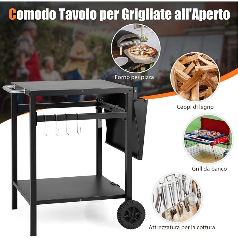 foto del prodotto carrello da cucina a 2 piani con 2 ruote, carrello multifunzionale con piano pieghevole, 4 ganci metallici, maniglia laterale, servizio per barbecue