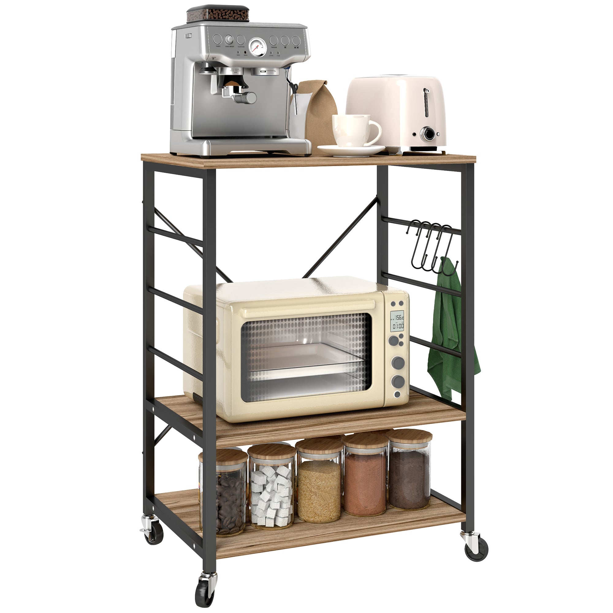 foto del prodotto carrello da cucina a 3 livelli stile industriale 60x40x84 cm struttura in acciaio e pannelli in teak