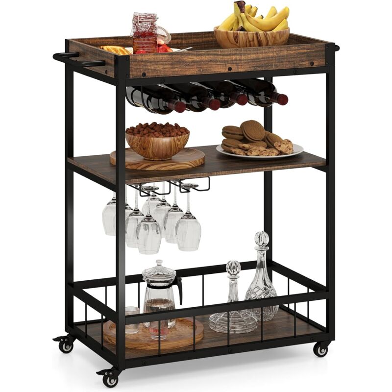foto del prodotto carrello da cucina a 3 ripiani, carello in legno con 4 ruote universali a freno e vasoio rimovibile, carrello con supporti per bicchieri e bottiglie
