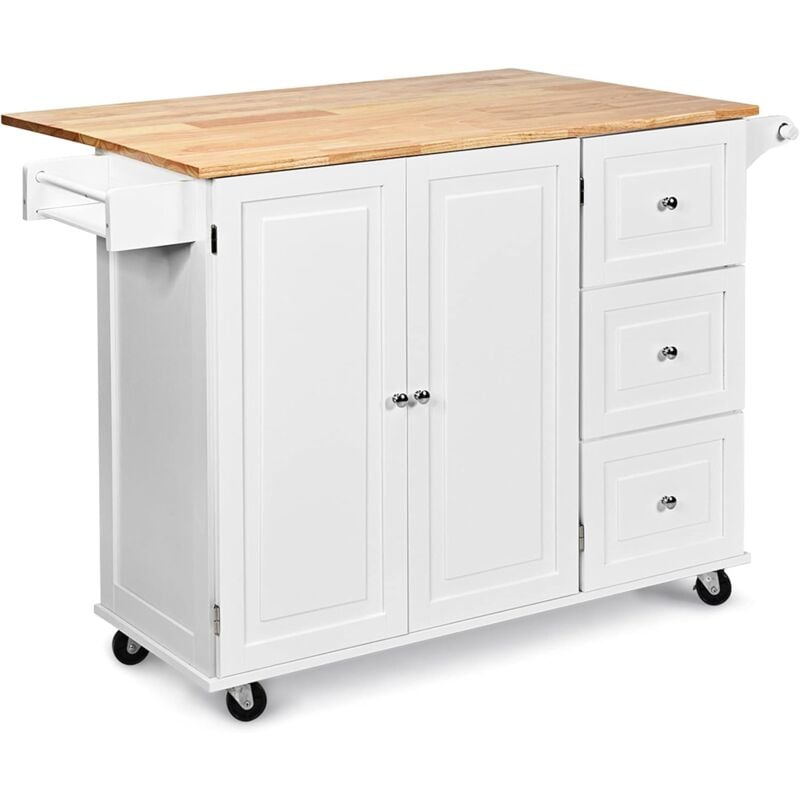 foto del prodotto carrello da cucina, armadietto da cucina con 4 ruote e 3 cassetti, facile da pulire, credenza di servizio in legno, 136x76x91 cm bianco goplus