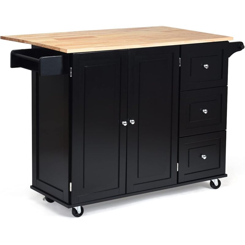 foto del prodotto carrello da cucina, armadietto da cucina con 4 ruote e 3 cassetti, facile da pulire, credenza di servizio in legno, 136x76x91 cm nero goplus