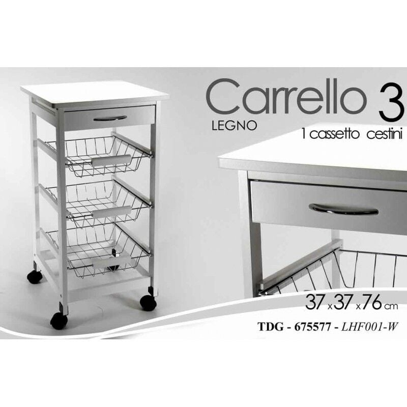 foto del prodotto carrello da cucina bianco cassetto cesti e rotelle cm 37 x 37 x 76 h