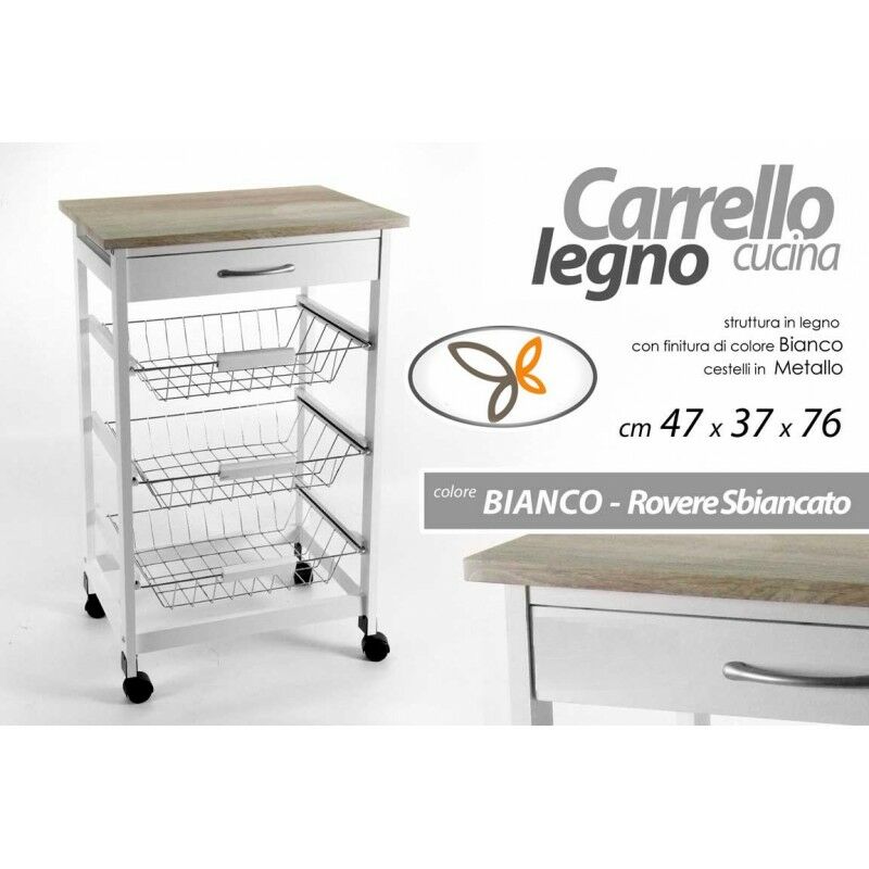 foto del prodotto carrello da cucina bianco con cesti e rotelle cm 47 x 37 x 76 h