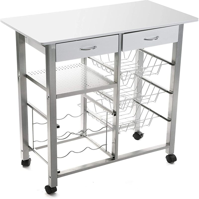 foto del prodotto carrello da cucina bianco in legno e acciaio piano di lavoro 76x40 2 cassetti 3 cestini porta frutta cantinetta 6 porta bottiglie e 4 ruote