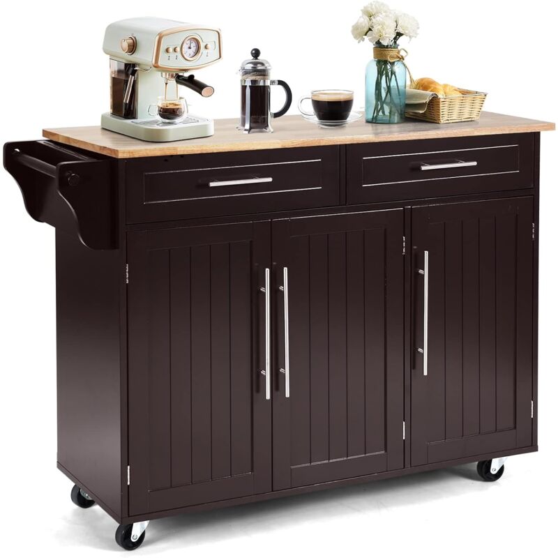 foto del prodotto carrello da cucina, carrello di servizio con ruote e maniglia, 3 ante e 2 cassetti, ideale per cucina ristorante bar, 122x46x92,3 cm marrone 