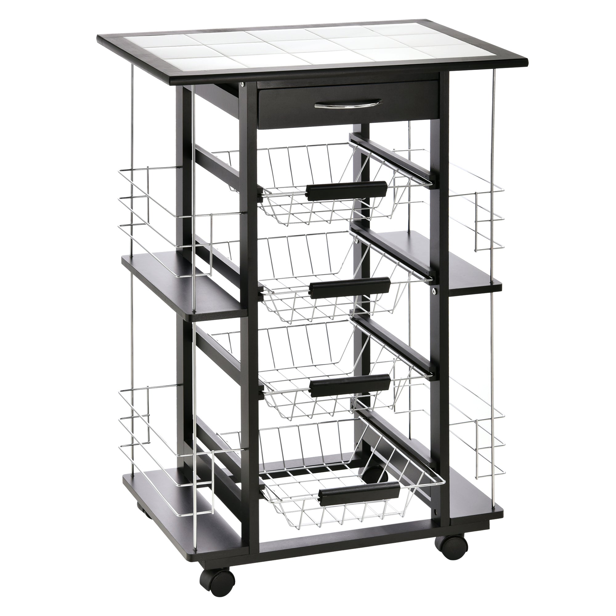 foto del prodotto carrello da cucina con 4 cestini e 4 scomprati in legno di pino 57x37x83 cm nero