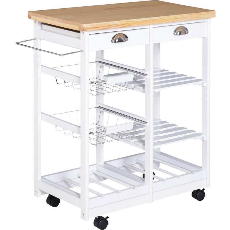 foto del prodotto carrello da cucina con cassetti e portabottiglie legno e bianco