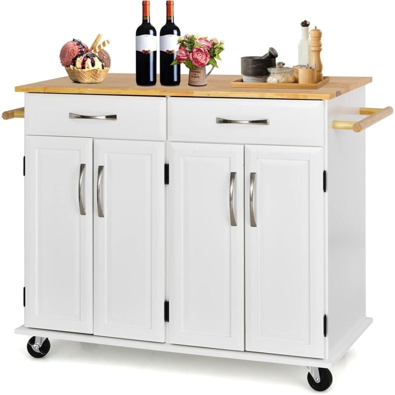 foto del prodotto carrello da cucina con cassetti, isola cucina con piano in legno di gomma, con 4 ante ripiani regolabili e porta asciugamani, per cucina bar