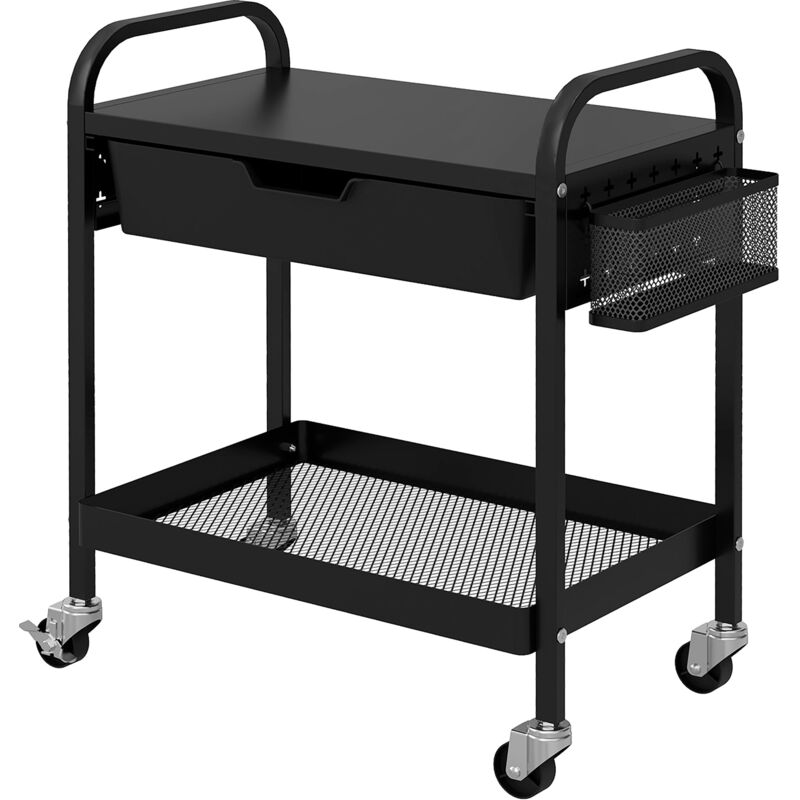 foto del prodotto carrello da cucina con cassetto, 3 ganci e cesto in plastica e metallo homcom