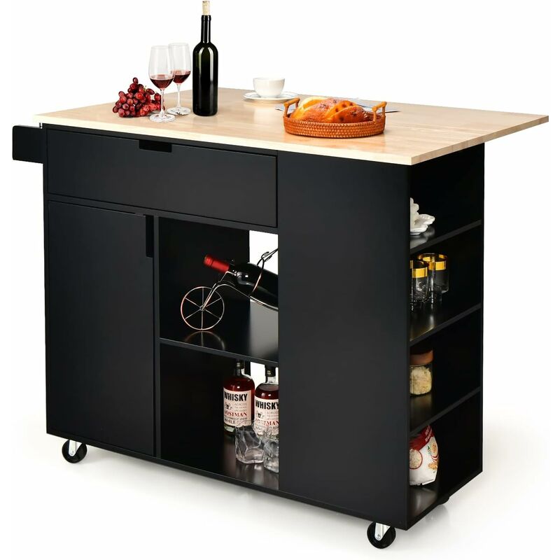 foto del prodotto carrello da cucina con cassetto, carrello servizio con ripiano aperto e pieghevole, carrello multiuso con ruote e portasciugamani, 124x76x92 cm
