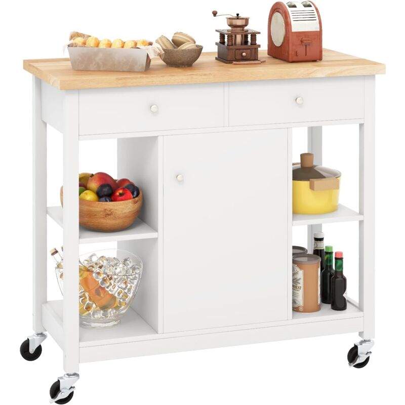 foto del prodotto carrello da cucina con piano in legno di gomma, 4 ripiani aperti 2 cassetti e 1 armadietto chiuso, carrello da servizio con ruote per cucina