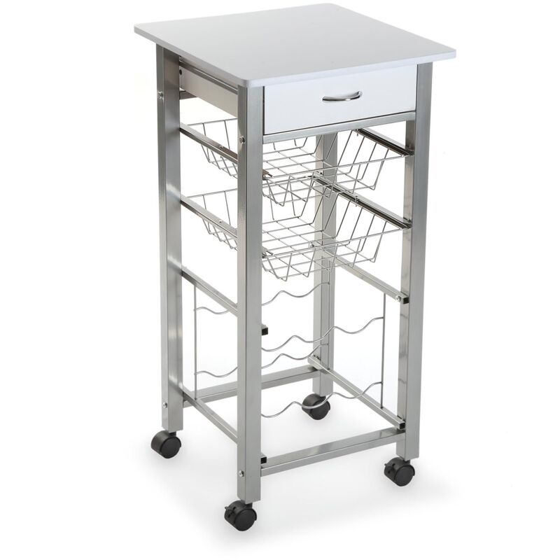 foto del prodotto carrello da cucina con piano lavoro bianco cassetto ripiano e porta bottiglie carrello 4 ruotemultifunzionale in legno e metallo