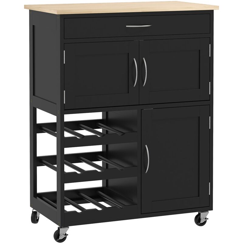 foto del prodotto carrello da cucina con portabottiglie integrato 67x37x87 cm in legno nero e rovere