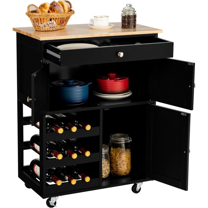 foto del prodotto carrello da cucina, con portabottiglie tre ante e ruote, credenza cucina in legno di pino e mdf, ideale per soggiorno e cucina, 67 x 37 x 86 cm, nero