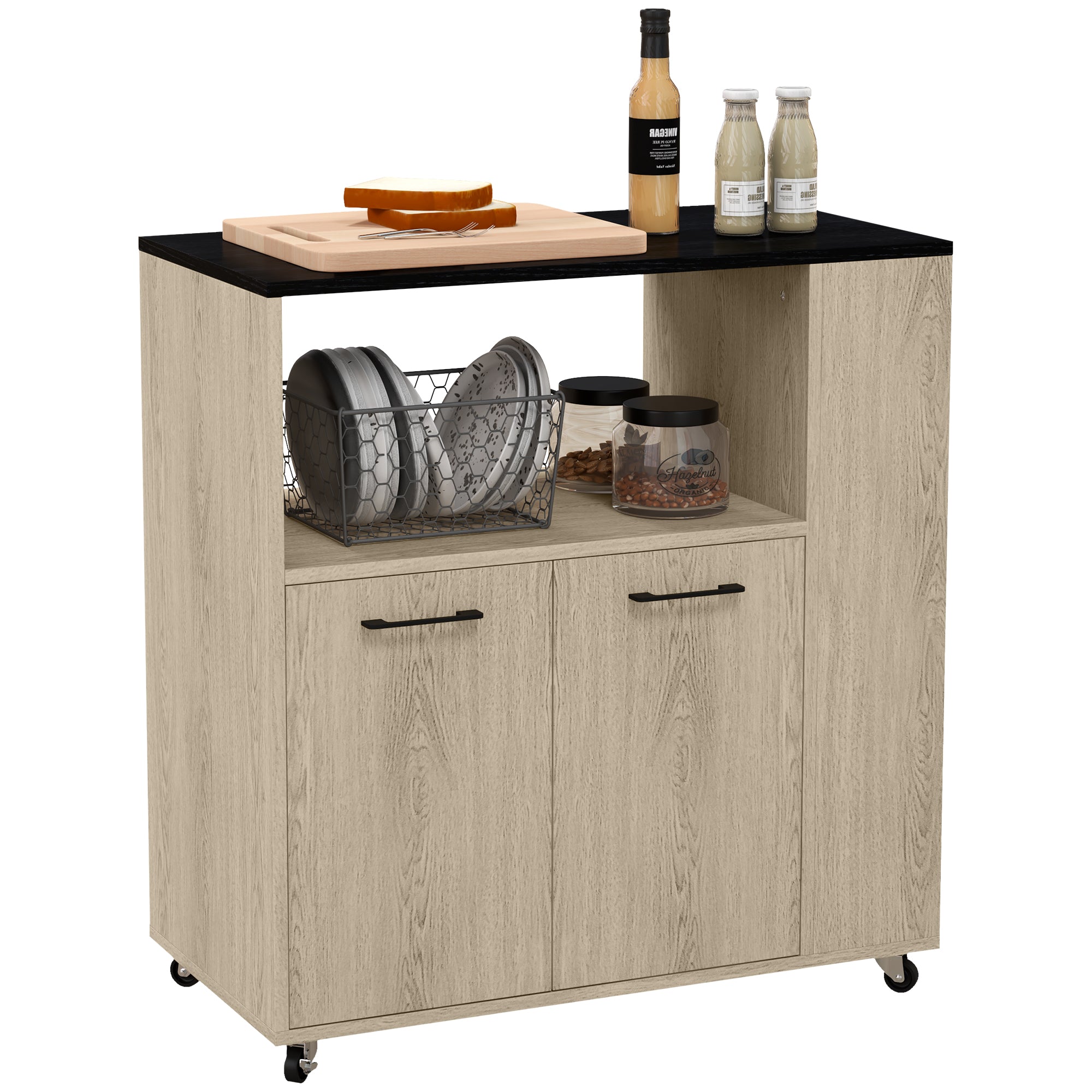 foto del prodotto carrello da cucina con ripiano 2 ante 75x40x80,5 cm in truciolato rovere e nero