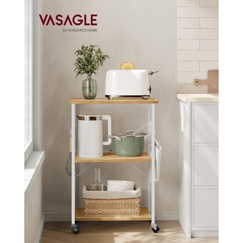 foto del prodotto carrello da cucina con rotelle, carrello di servizio con 3 ripiani, scaffale per microonde, forno, tostapane, struttura metallica con 6 ganci, rovere