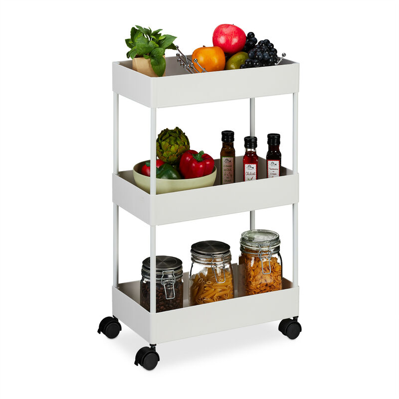 foto del prodotto carrello da cucina con ruote, 3 ripiani, 2 freni, portaoggetti per bagno e ufficio, hlp 65,5x40x22cm, bianco relaxdays