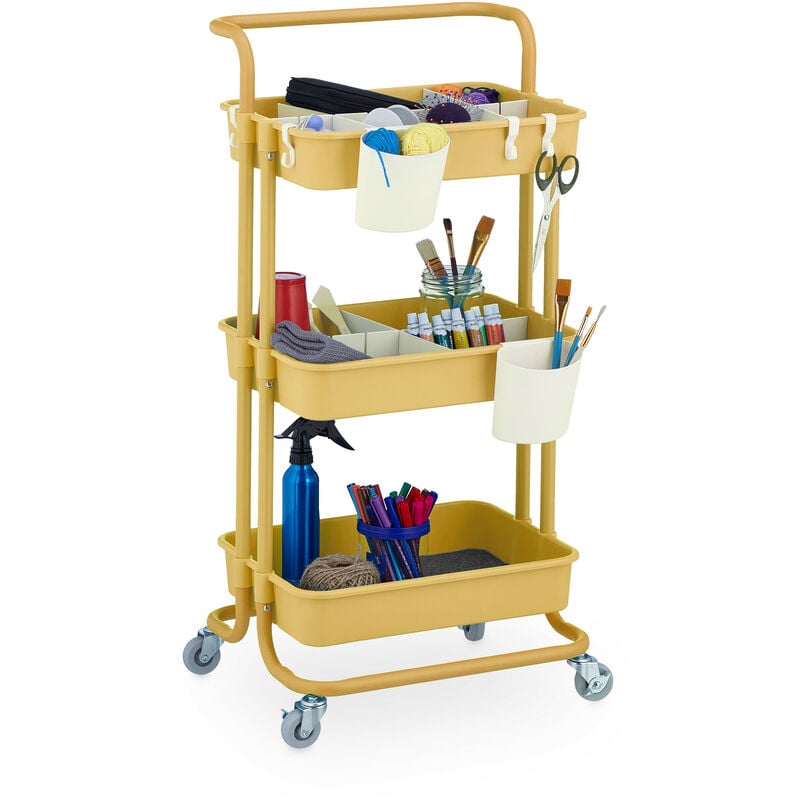 foto del prodotto carrello da cucina con ruote, 3 ripiani, 2 freni, portaoggetti per bagno e ufficio, hlp 86x42,5x36 cm, giallo relaxdays