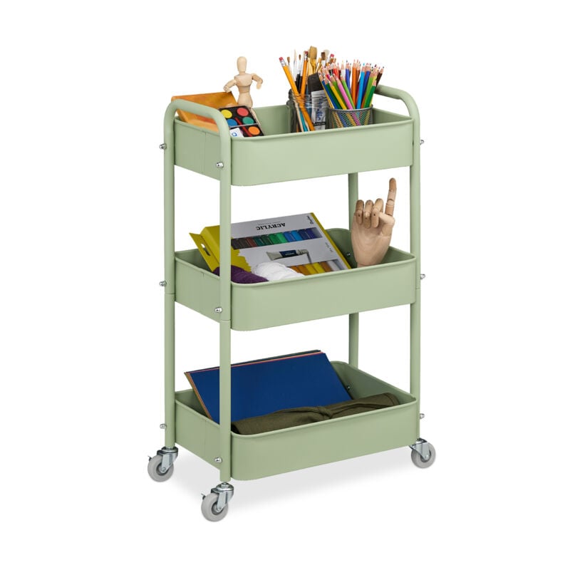 foto del prodotto carrello da cucina con ruote, 3 ripiani, carrellino portaoggetti bagno, detersivi, 71,5x43,5x29,5 cm, verde relaxdays