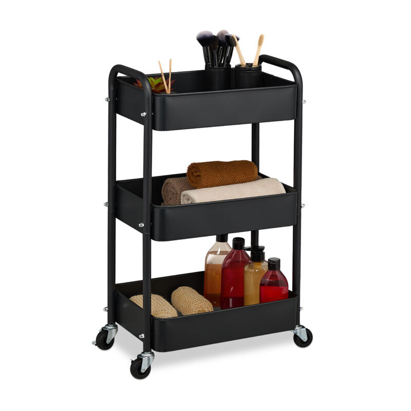 foto del prodotto carrello da cucina con ruote, 3 ripiani, carrellino portaoggetti per bagno, detersivi, 71,5x43,5x29,5 cm, nero relaxdays