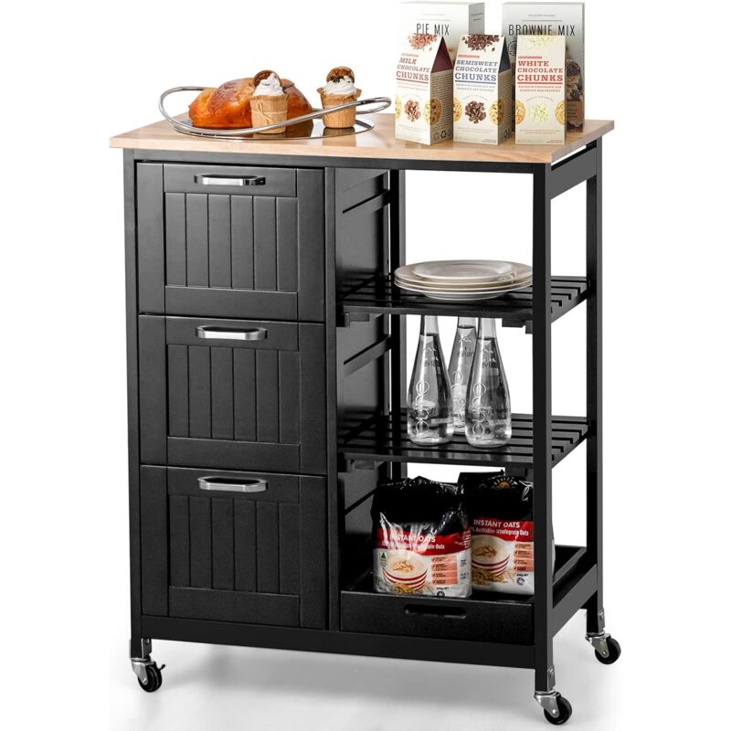 immagine 0 del prodotto carrello da cucina con ruote, credenza cucina con 4 ripiani e 3 cassetti, in legno, ideale per cucina ristorante e bar, 67 x 37 x 83,5 cm nero 