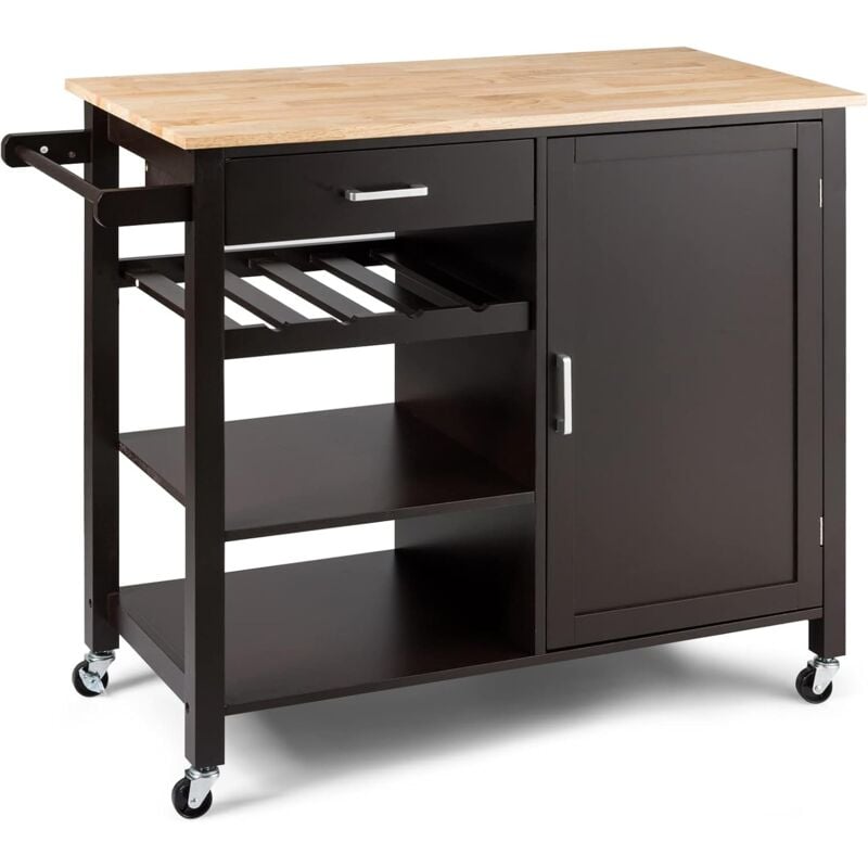 foto del prodotto carrello da cucina con ruote, credenza cucina con cassetto portabottiglie e portasciugamani, carrello servizio in legno, 100x48x90 cm marrone 