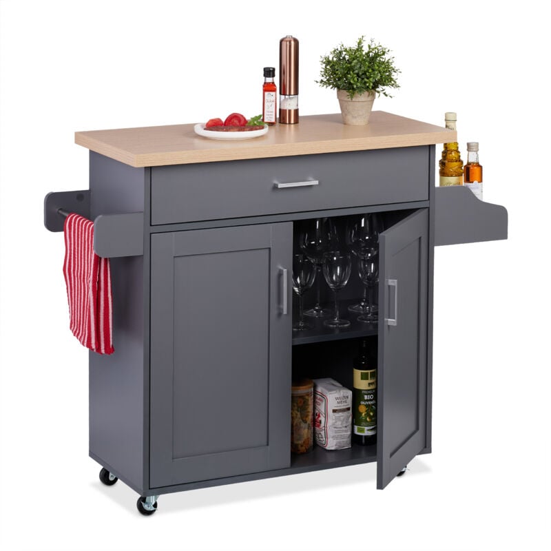 foto del prodotto carrello da cucina con ruote, hlp 90 x 114,5 x 39,5 cm, con 2 scomparti, porta spezie e canovacci, grigio relaxdays