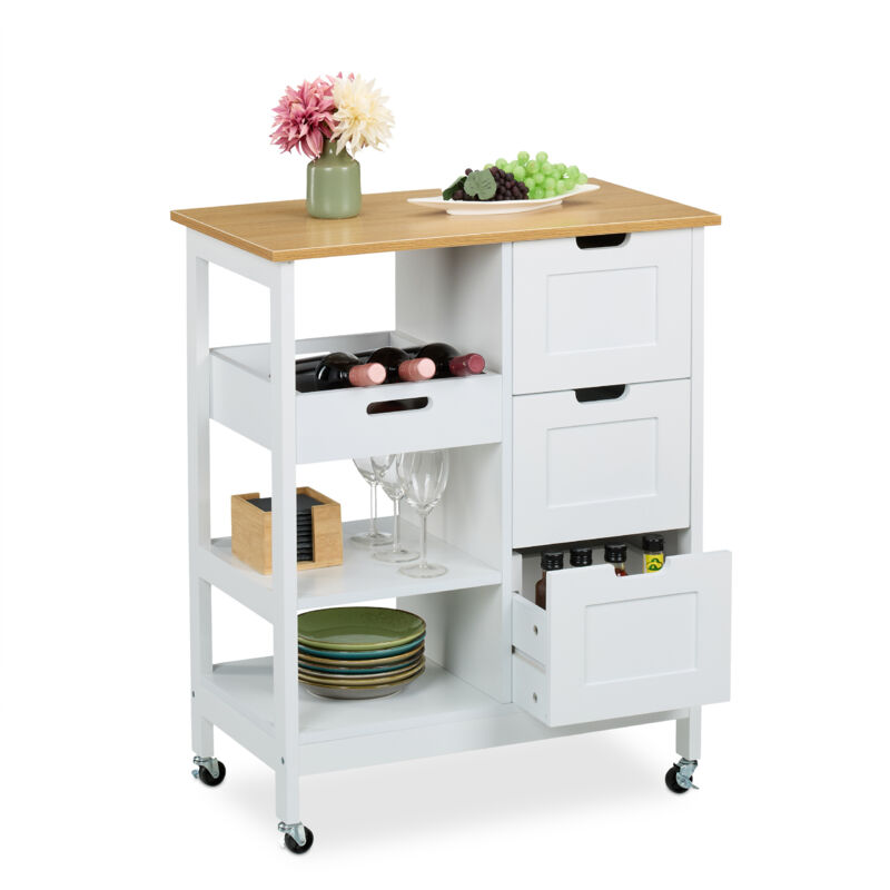 foto del prodotto carrello da cucina con ruote, isola 3 ripiani e cassetti, carrellino portaoggetti hlp 85x68,5x38,5 cm, bianco relaxdays