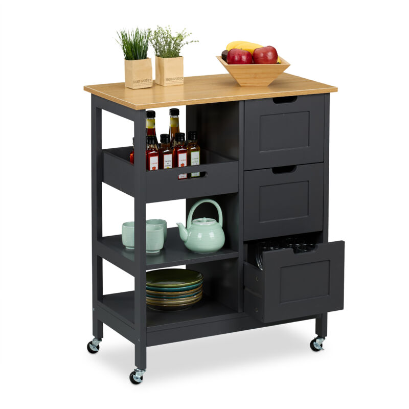 foto del prodotto carrello da cucina con ruote, isola 3 ripiani e cassetti, carrellino portaoggetti hlp 85x68,5x38,5 cm, grigio relaxdays