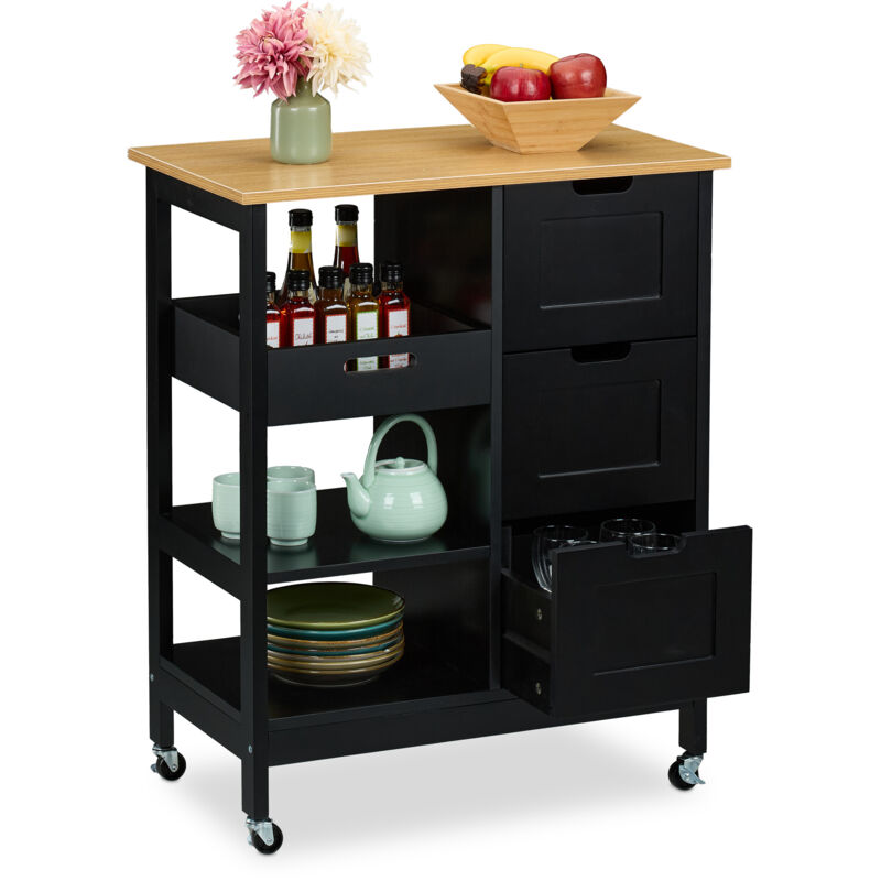 foto del prodotto carrello da cucina con ruote, isola 3 ripiani e cassetti, carrellino portaoggetti hlp 85x68,5x38,5 cm, nero relaxdays