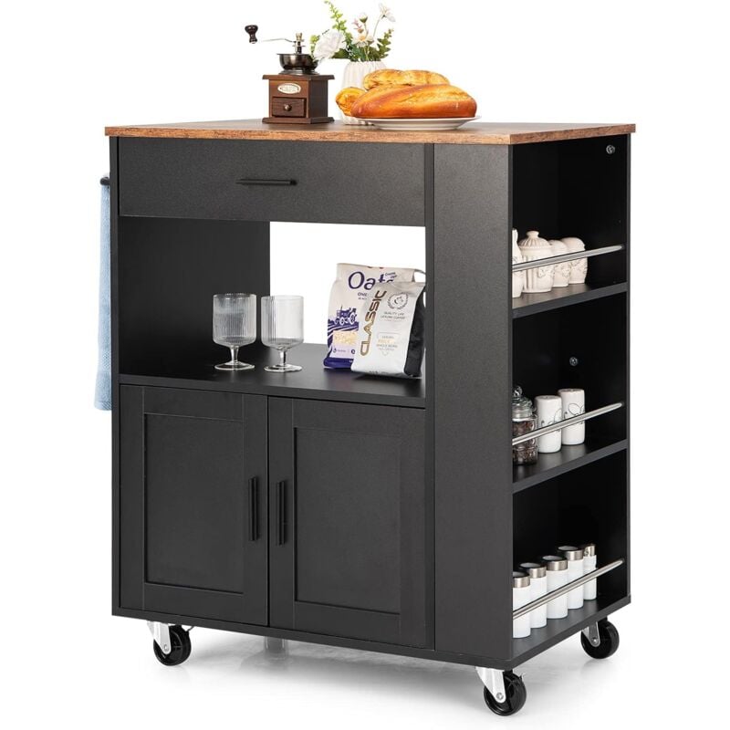 foto del prodotto carrello da cucina con ruote, isola da cucina con 3 portaspezie 1 cassetto armadietto a 2 porte, carrello portaoggetti con portasciugamani, 82x46x92
