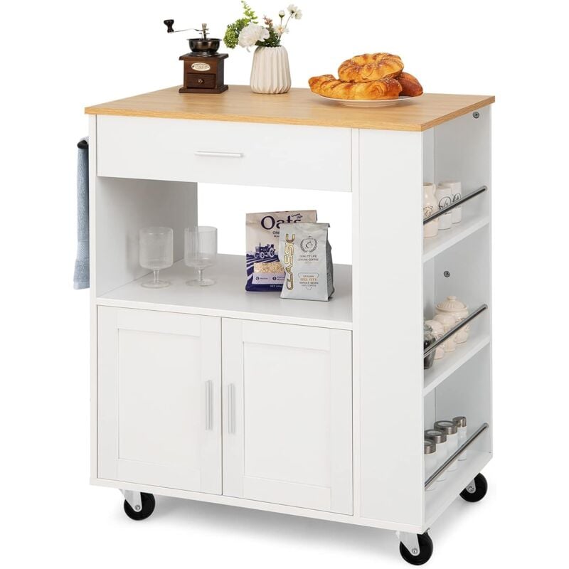 foto del prodotto carrello da cucina con ruote, isola da cucina con 3 portaspezie 1 cassetto armadietto a 2 porte, carrello portaoggetti con portasciugamani, 82x46x92