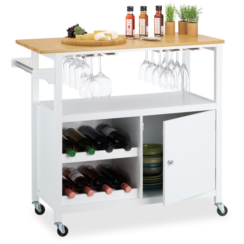 foto del prodotto carrello da cucina con ruote, isola ripiani portabicchieri, bamb , mdf, carrellino portabottiglie, 83x92x40 cm relaxdays