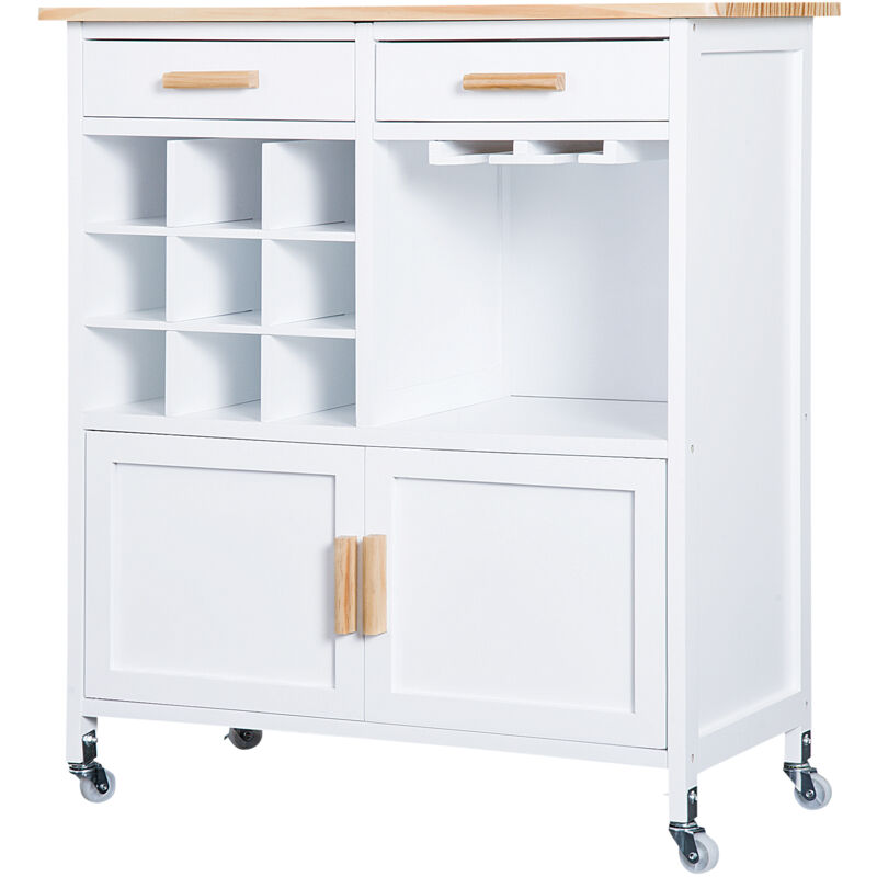 foto del prodotto carrello da cucina con ruote, porta bicchieri e portabottiglie in legno homcom