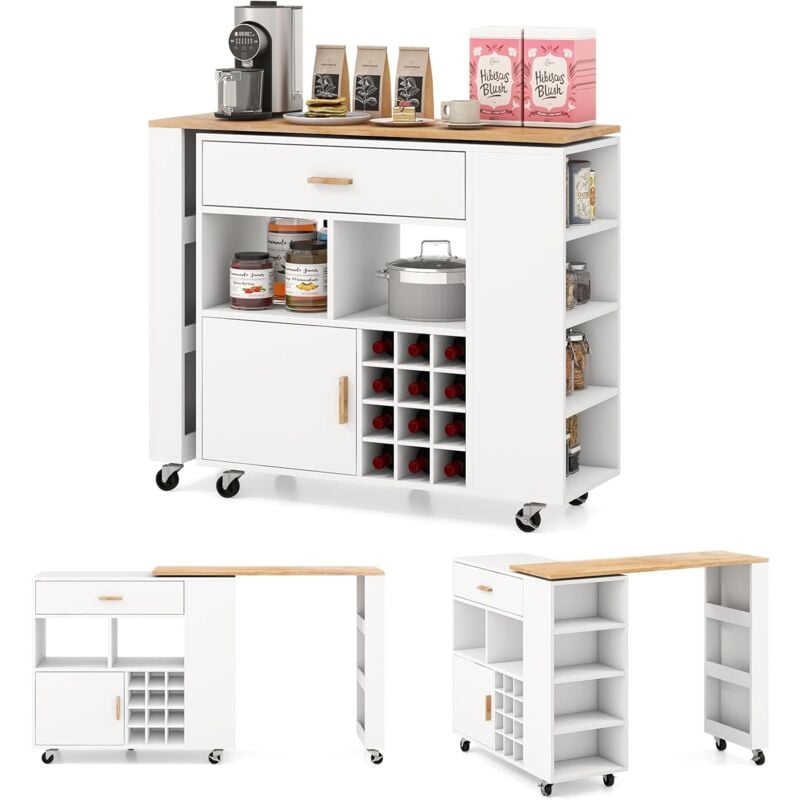 foto del prodotto carrello da cucina con tavolo da bar, isola da cucina con piano girevole, ripiani aperti, portabottiglie, cassetto e armadietto, carrello di servizio