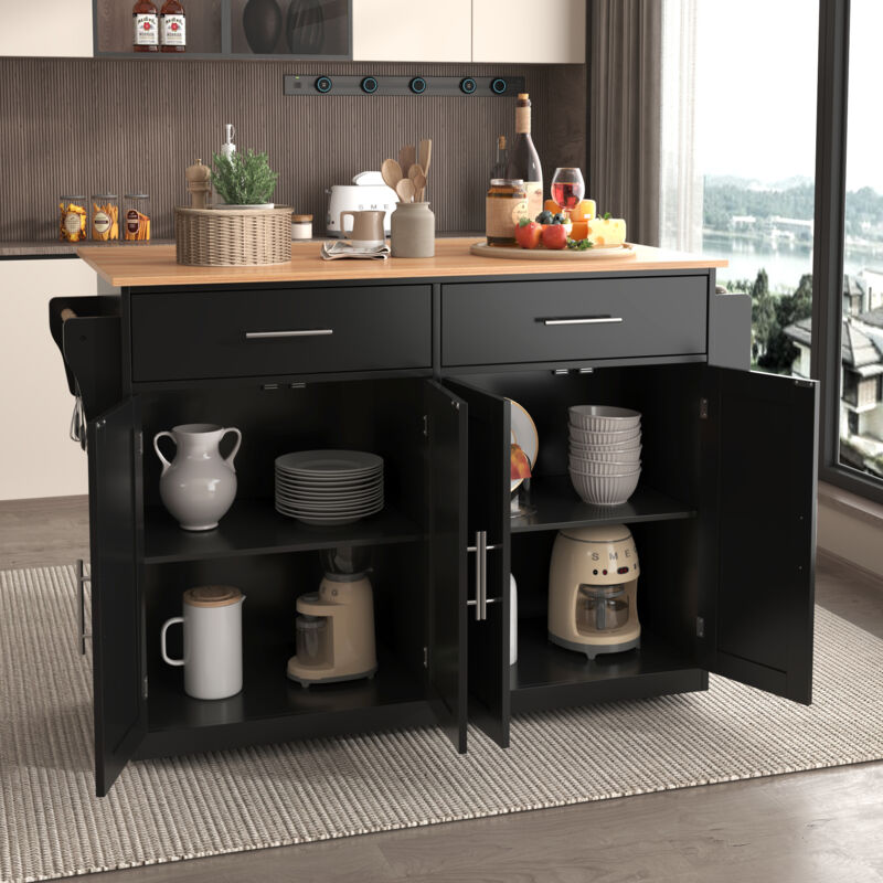 foto del prodotto carrello da cucina credenza 120x46 71x91,5 cm, piano tavolo pieghevole, 2 cassetti, mobiletto portaoggettit, 4 ante, nero naturale