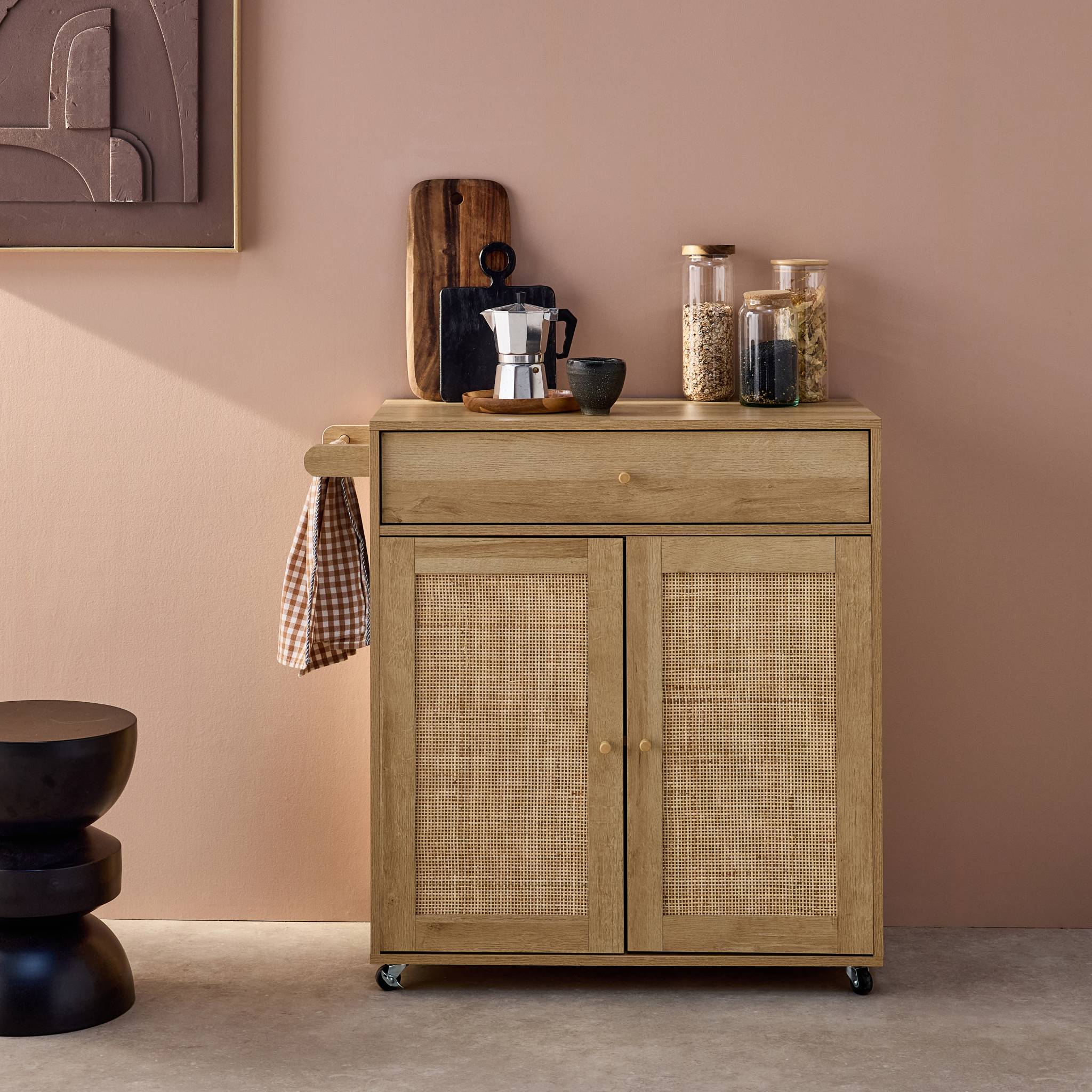 foto del prodotto carrello da cucina decorato in legno con 1 cassetto, 80cm, marrone