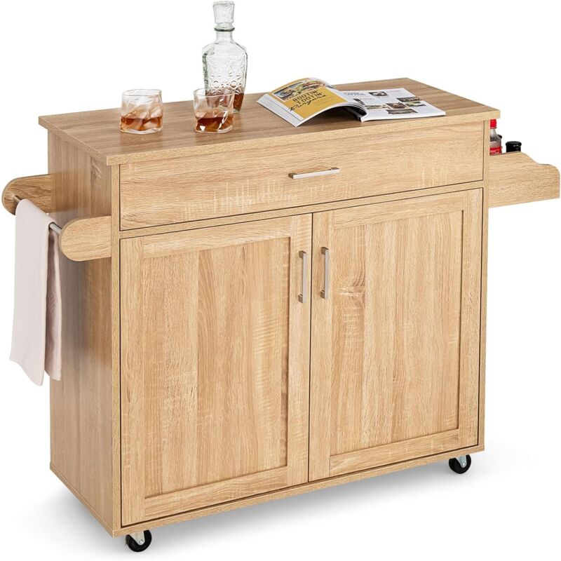 foto del prodotto carrello da cucina grande portaoggetti con ruote scorrevoli con freni a pedali, carrello di servizio in legno verniciato con armadietto e cassetti