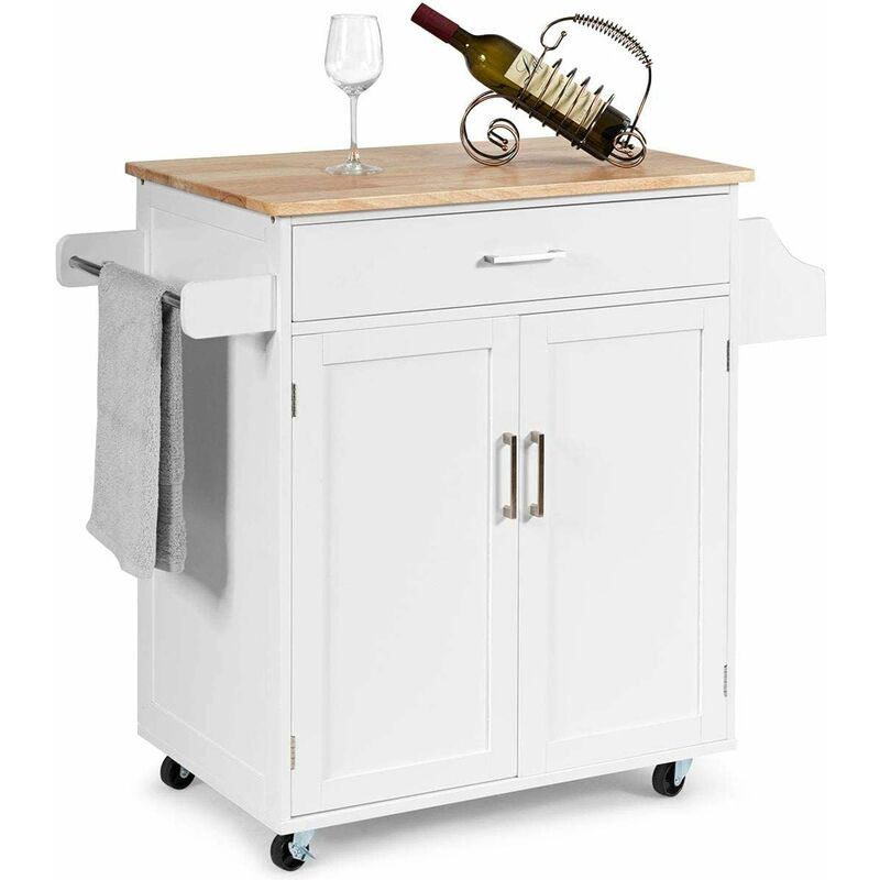 foto del prodotto carrello da cucina grande portaoggetti con ruote scorrevoli con freni a pedali, carrello di servizio in legno verniciato con armadietto e cassetti