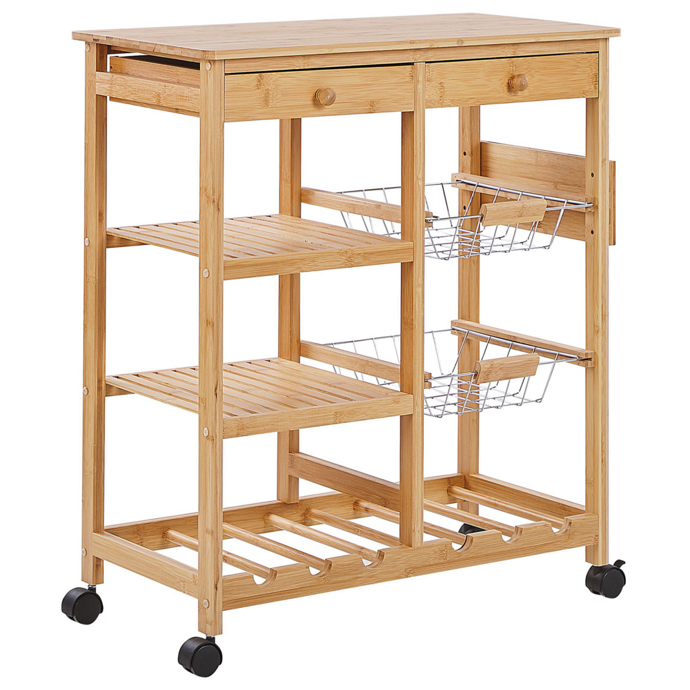 foto del prodotto carrello da cucina in bambù in legno chiaro con ruote portabottiglie carrello sala da pranzo mobile
