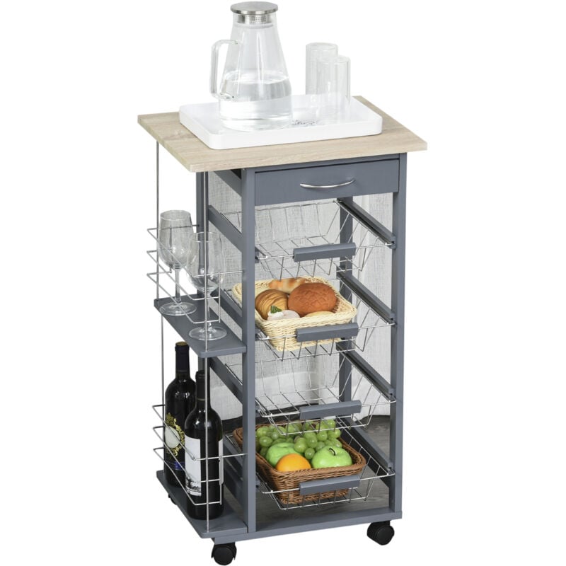 foto del prodotto carrello da cucina in grigio scuro con 1 cassetto e 4 cestelli metallici homcom