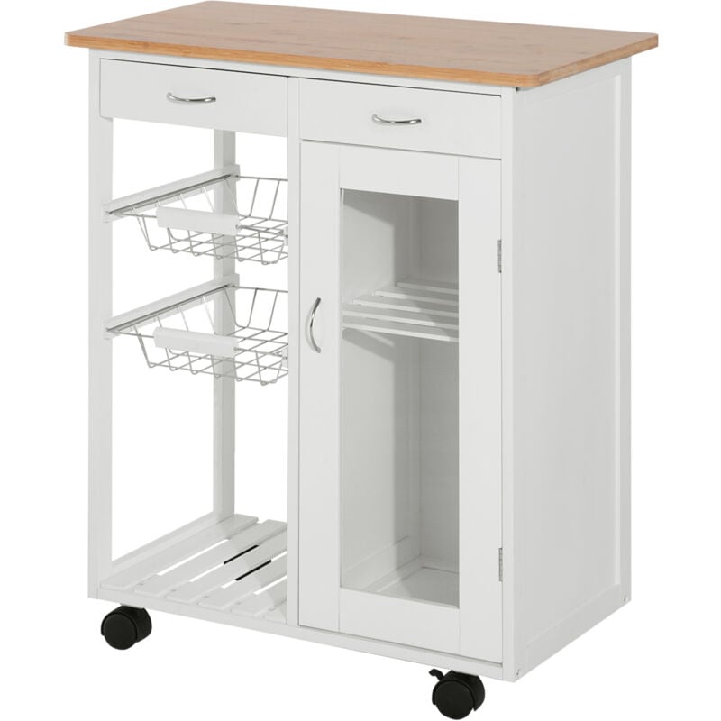 foto del prodotto carrello da cucina in legno con ruote cassetti cesti e armadietto bianco homcom