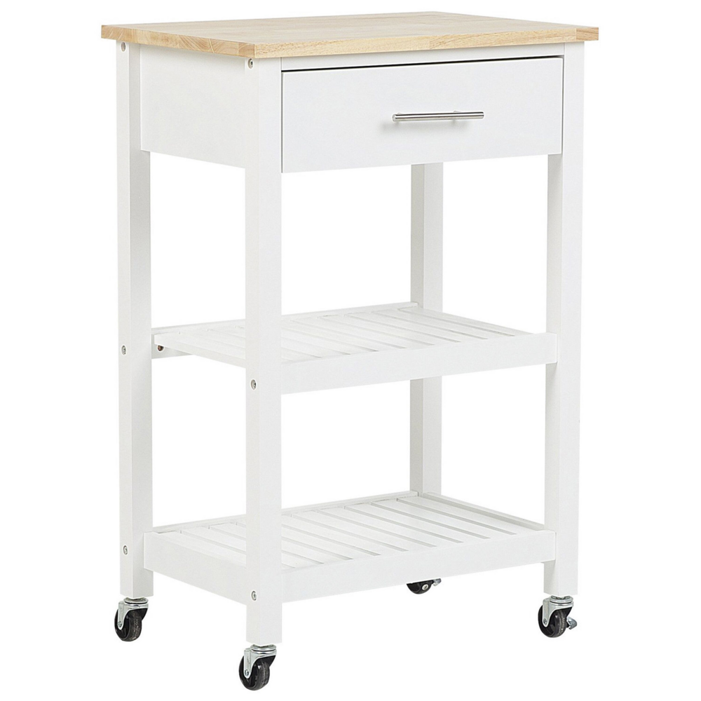foto del prodotto carrello da cucina in legno di gomma bianco mdf 58 x 40 x 85 cm 3 ripiani cassetto portaposate portabottiglie ruote