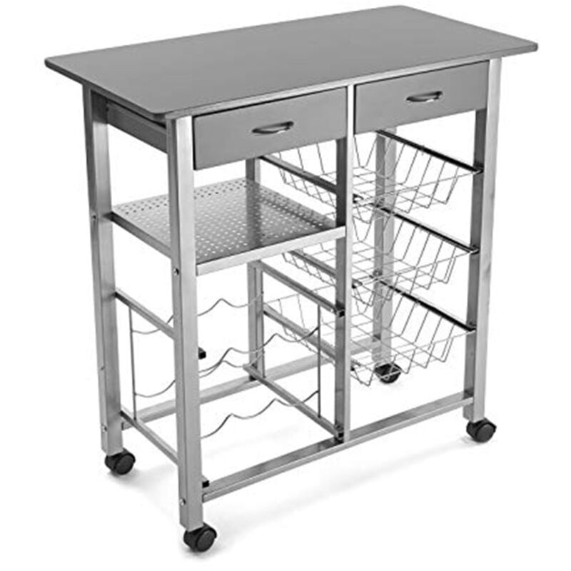 foto del prodotto carrello da cucina in legno e acciaio piano di lavoro grigio 76x40 2 cassetti 3 cestini porta frutta verdure cantinetta 6 porta bottiglie e 4 ruote