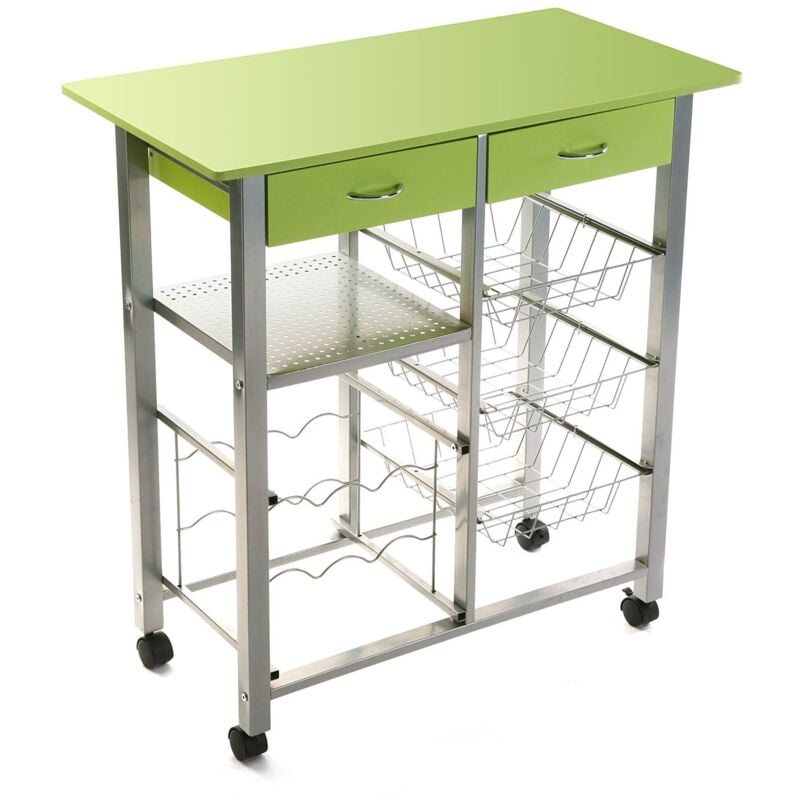 foto del prodotto carrello da cucina in legno e acciaio piano di lavoro verde 76x40 2 cassetti 3 cestini porta frutta verdure cantinetta 6 porta bottiglie e 4 ruote