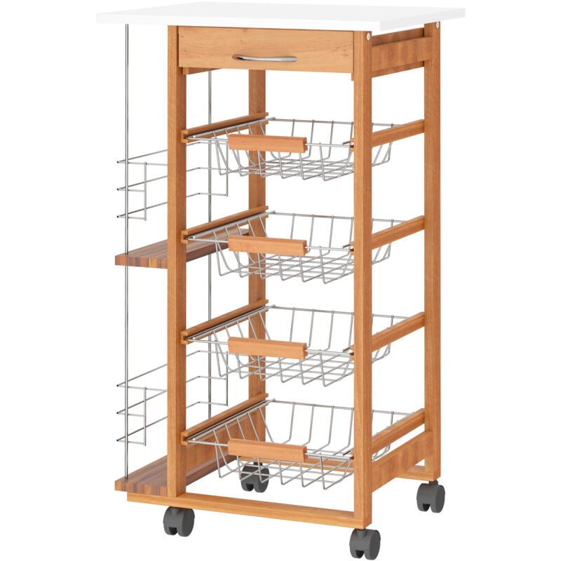 foto del prodotto carrello da cucina in legno marrone con 1 cassetto e 4 cestelli metallici homcom